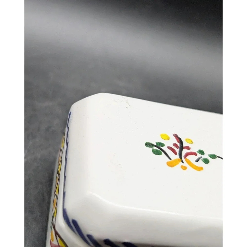Vintage Spanish Hand Painted Ceramic Trinket Box Floral Folk Art Espana White 2